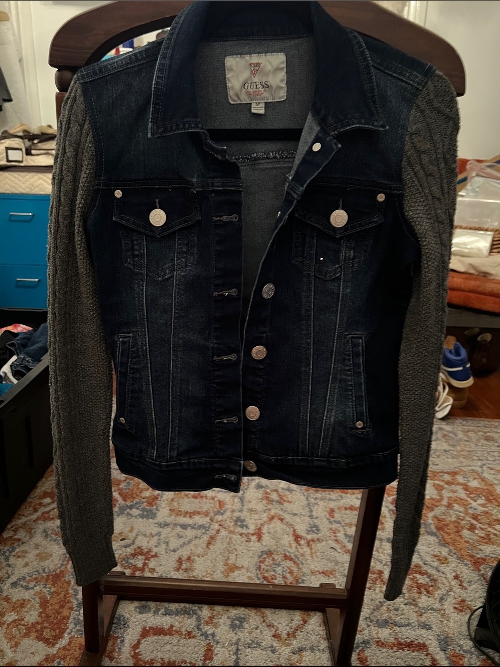 GUESS Dark Blue Denim Jacket with Gray Knit Sleeves